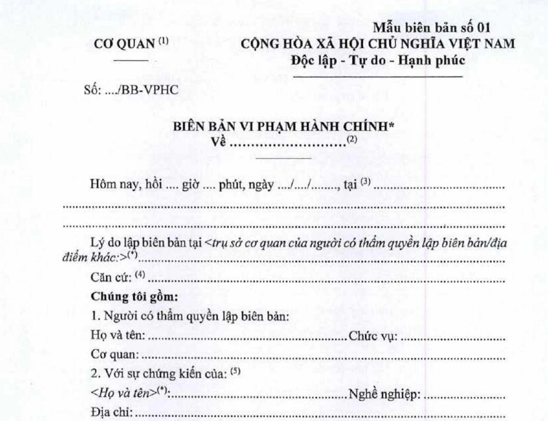 Mẫu văn bản xử phạt vi phạm hành chính