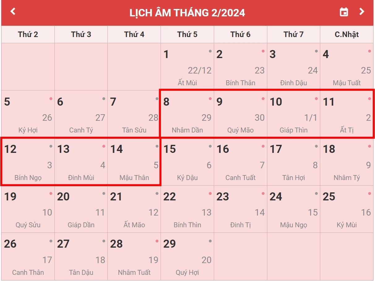 Lịch nghỉ Tết Âm lịch năm 2024