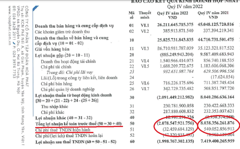 Trích Báo cáo tài chính hợp nhất của CTCP Tập đoàn Hòa Phát Quý IV 2022